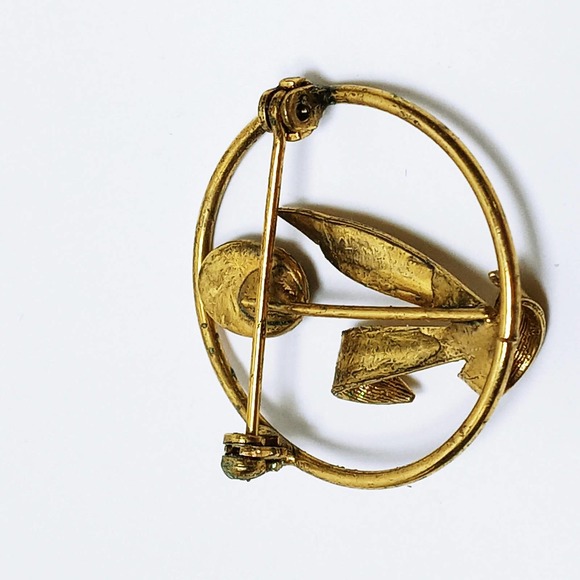 Vintage Gold Floral Ring Brooch 1 1/4" Gold Flower Yellow Stone (jb3) - Picture 2 of 5